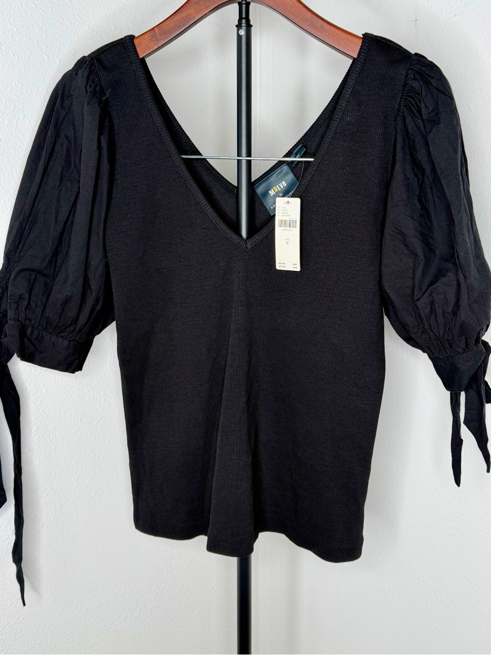 Maeve Anthropologie  Black Puff-Sleeve V-Neck Top with Tie Cuffs Size Medium - Picture 3 of 9